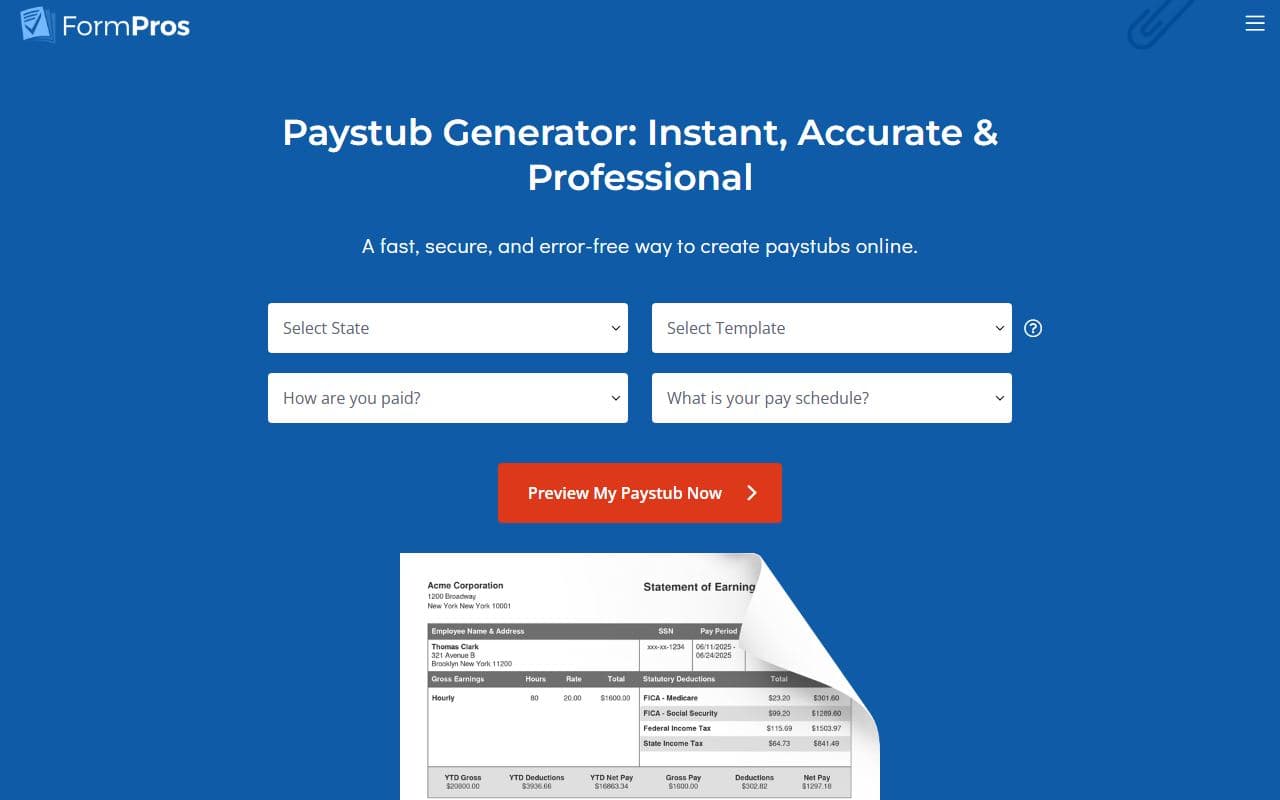 Screenshot of the FormPros homepage