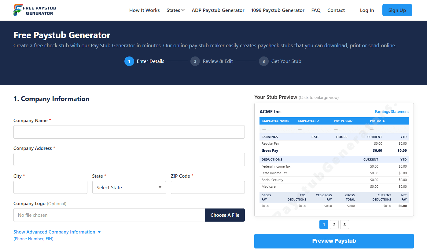 Screenshot of the Free Paystub Generators homepage