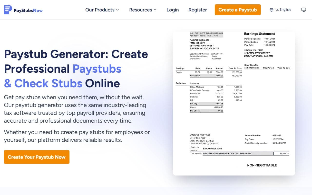 Screenshot of the PayStubsNow homepage