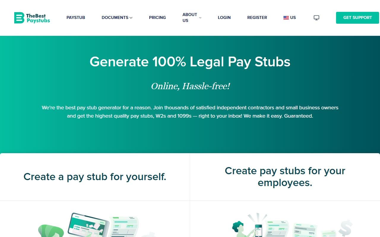 Screenshot of the The Best Paystubs homepage